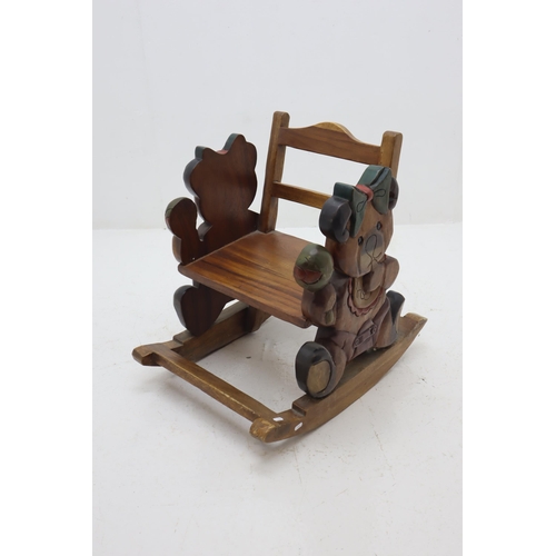 598 - Heavy Wooden Childs Teddy Bear Themed Rocking Chair (50cm x 67cm)