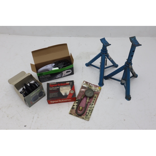 599 - A Selection of Car Accessories. Includes Car Vac, Axel Stands, Compression Tester, Speakers and test... 