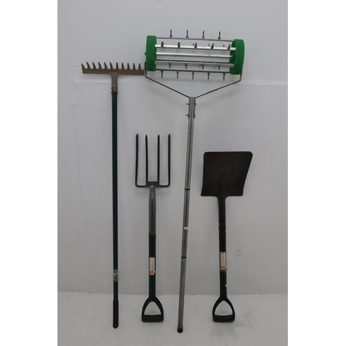 640 - A Selection of four Garden Tools, To Include Spade, Garden Fork, Rake and Lawn Aerator