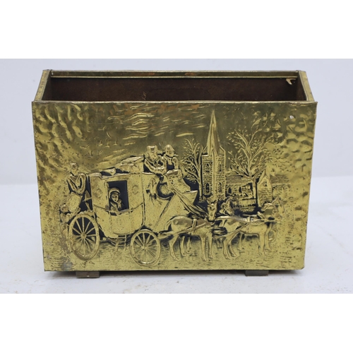 669 - A Wood and Brass Plate Magazine Rack, Depicting Victorian Horse and Carriage Scene. Approx 11.5