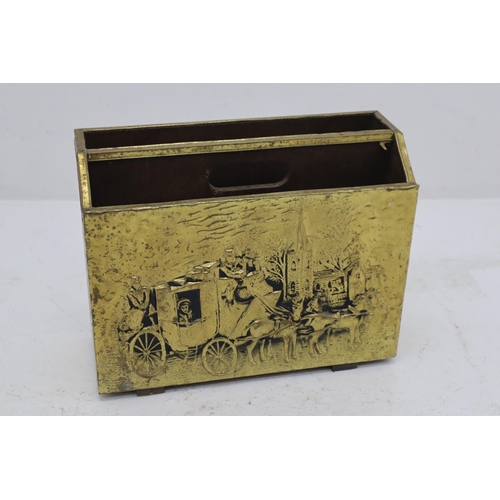 669 - A Wood and Brass Plate Magazine Rack, Depicting Victorian Horse and Carriage Scene. Approx 11.5