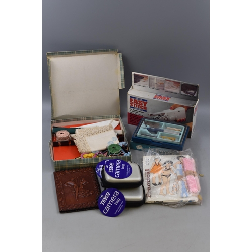 658 - A Mixed Selection to Include Various Sewing Items, Camera Cases and Spanish Notebook.