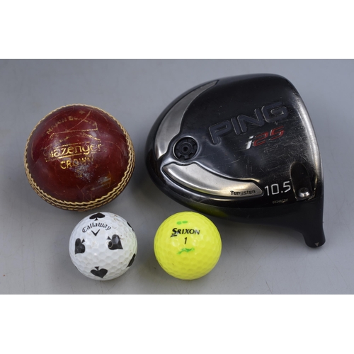 662 - A Selection of Items To Include Assorted Golf Balls, Driver Head, Golf Chipping Net and Cricket Ball... 