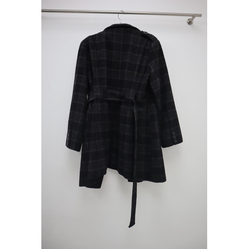 612 - Wishwood Womens Size 16 Wool Blend Check Black Coat With Matching Tie Belt ( Preworn)