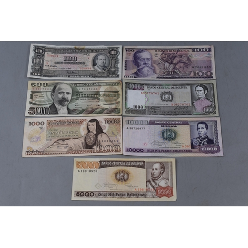 194 - Selection of 7 Bolivia and Mexico Banknotes