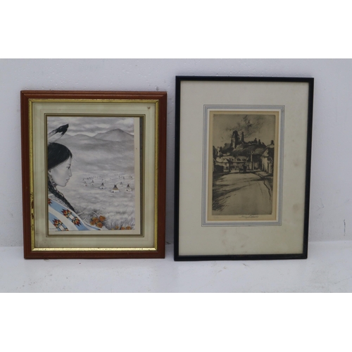 321 - Native American Drawing And Printed Etching Art Piece In Picture Frames