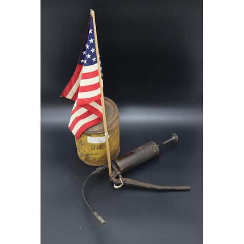 668 - A Mixed Lot To Include Vintage Tecalemit Grease Gun, Carburol Container and American Flag.