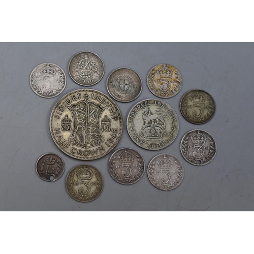 175 - A Selection of UK Silver Coins. Includes 1945 UK Half Crown, 1921 Shilling, 1893 Threepence 1939 1 1... 