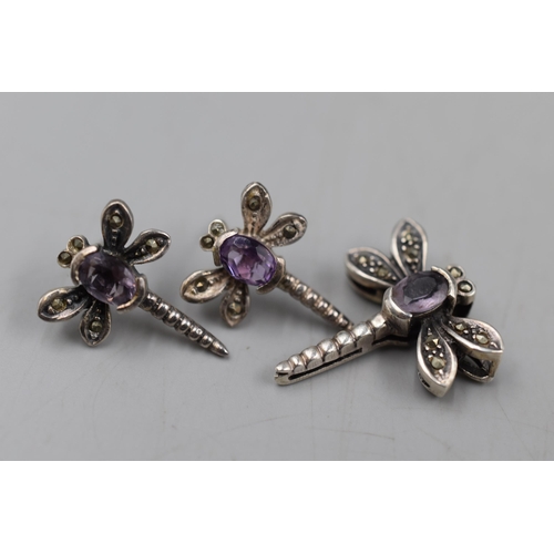 17 - Vintage Marcasite Silver 925 Purple Stone Pendant and Earring Dragonfly Set.