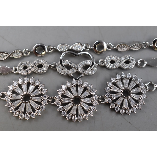 20 - Three Silver 925 Diamante Bracelets, Includes Heart Shape, Snowflake and Infinity Design.