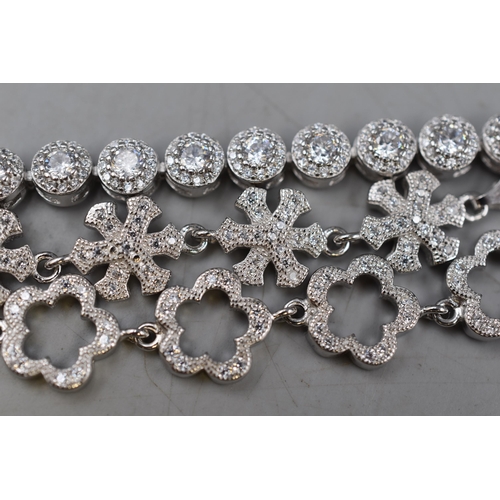 23 - Three Silver 925 Diamante Bracelets, includes Snowflake, Flower Design and Round Diamante Style.