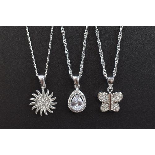 30 - Three Silver 925 Diamante Pendants on Silver 925 Chains. Largest Pendant Approx. 2cm.