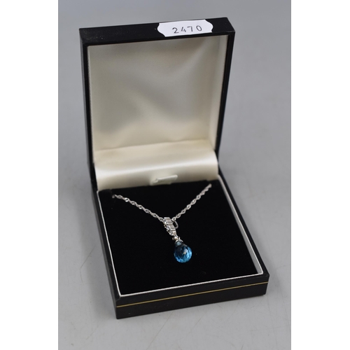 36 - Silver 925 Blue Stoned Rain Drop Pendant on Silver 925 Chain. Complete in Presentation Box.