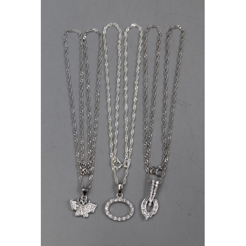 37 - Three Silver 925 Diamante Pendants on Silver 925 Chains, includes Butterfly, Teardrop and Oval Shape... 