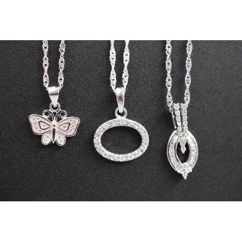 37 - Three Silver 925 Diamante Pendants on Silver 925 Chains, includes Butterfly, Teardrop and Oval Shape... 