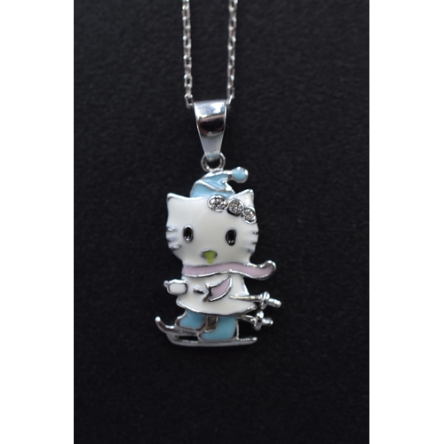 39 - Silver 925 Skiing Cat Pendant on Silver 925 Chain. Complete in Presentation Box.