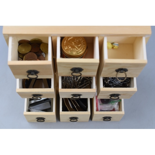 312 - Nine Drawer Wooden Storage Chest Containing a Selection of Stationery Items