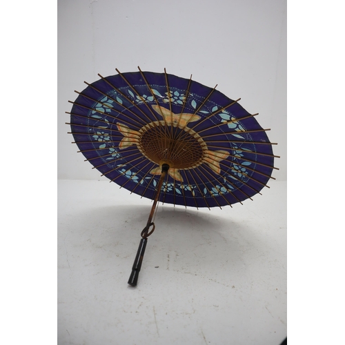 313 - Oriental Hand painted Bamboo Parasol and a ladies Fabric Parasol with Bamboo Handle