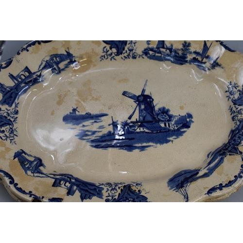 327 - Antique La Francais Fish Plater (42cm) Two Dutch Blue & White Platters (42cm)