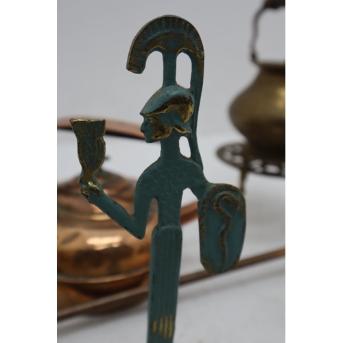 389 - A Box Containing A Selection of Brass and Copper Items. Includes Copper Kettle, Bugle, Ethnic Figure... 