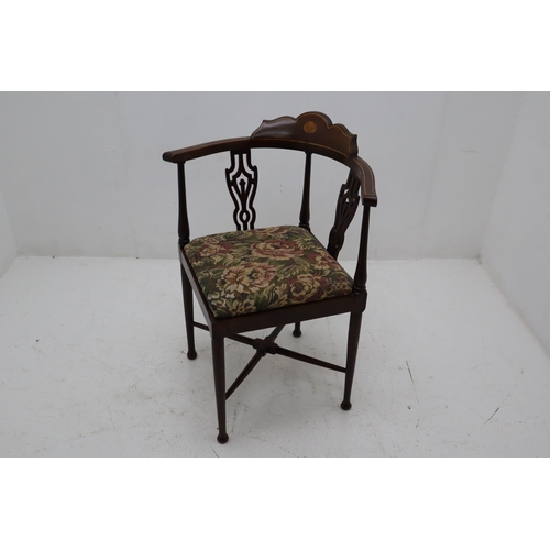 397 - Edwardian Mahogany Corner Chair with Inlay Decoration and Delicate Fretwork to the sides covered in ... 