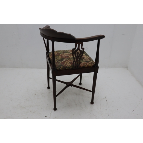 397 - Edwardian Mahogany Corner Chair with Inlay Decoration and Delicate Fretwork to the sides covered in ... 