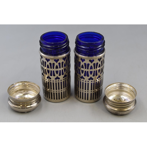 118 - Pair Of Vintage Salt & Pepper Shaker With Metal Shell And Blue Glass Interior