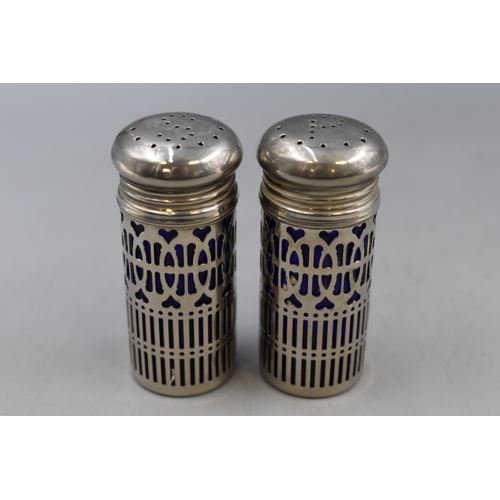 118 - Pair Of Vintage Salt & Pepper Shaker With Metal Shell And Blue Glass Interior