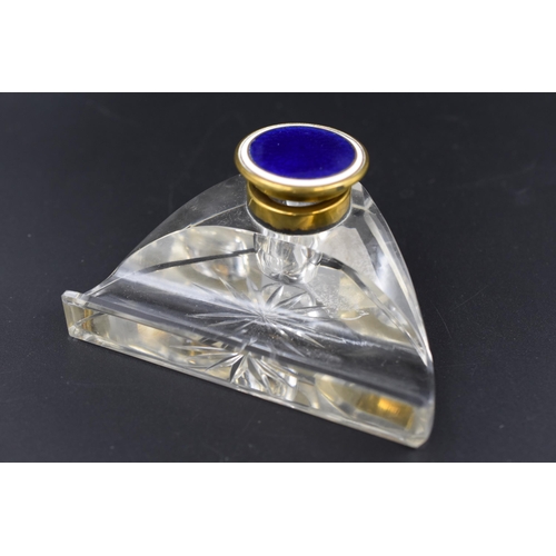 135 - Antique Cut Glass Inkwell with pen Rest and Enameled Lid