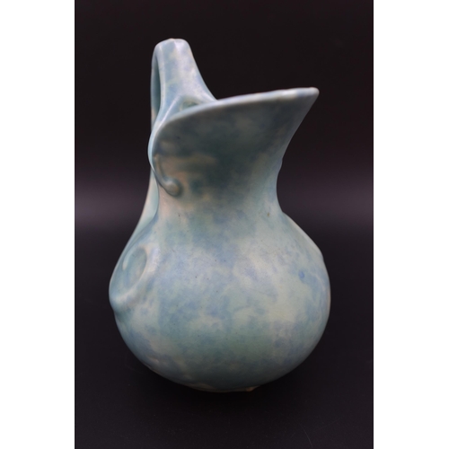 186 - Vintage Beswick Art Deco Mottled Pale Blue /Green Ridged Tall Jug with Angular Handle