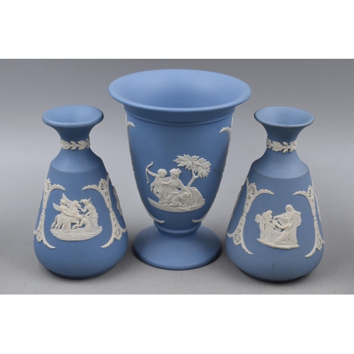 425 - A Selection of Fourteen Wedgwood Jasperware Ornaments. Includes Vases, Jug, Bells and Candle Holder