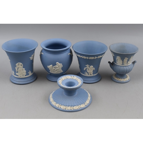 425 - A Selection of Fourteen Wedgwood Jasperware Ornaments. Includes Vases, Jug, Bells and Candle Holder