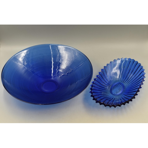 237 - Sowerby 1930s Blue Glass Dish (34cm) and a Large Center Piece Ribbed Bowl (40cm Dia)