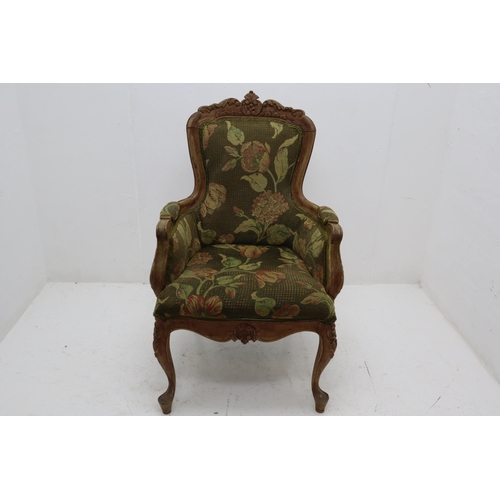 522 - Pair of Antique Wood framed Arm Chairs Decorated with Detailed Hand Carvings and Reupholstered in a ... 