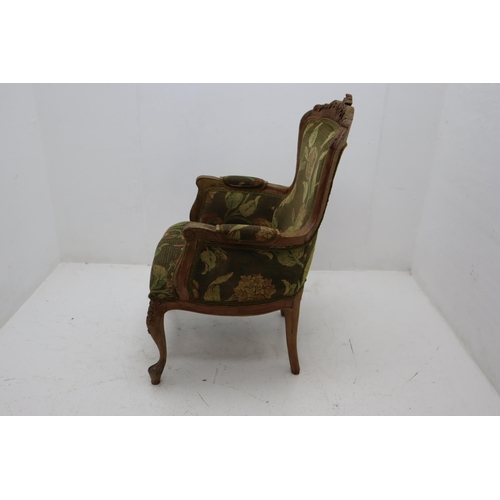 522 - Pair of Antique Wood framed Arm Chairs Decorated with Detailed Hand Carvings and Reupholstered in a ... 