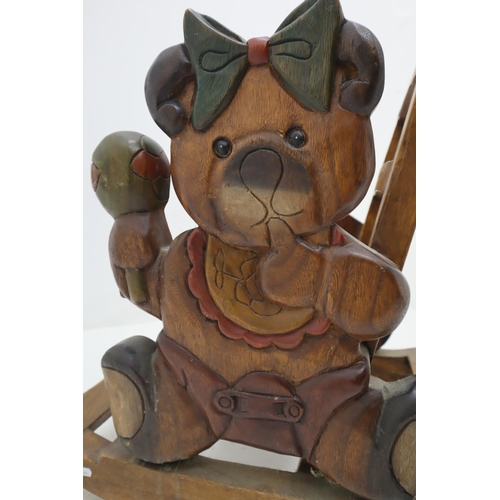 523 - Heavy Wooden Childs Teddy Bear Themed Rocking Chair (50cm x 67cm)