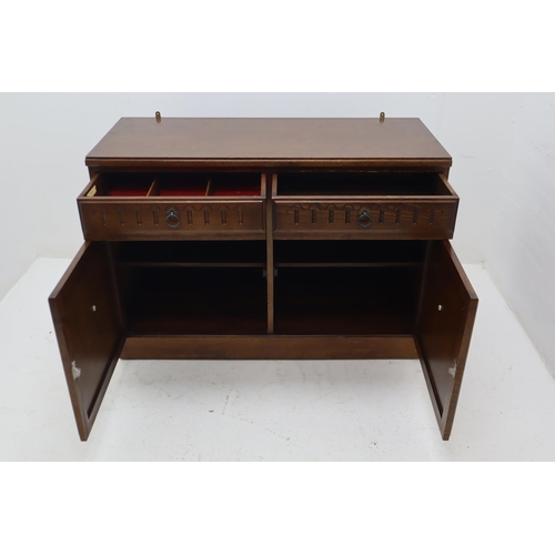 543 - Mid Century David Hopkins Split Utility Cabinet with Red Leather Inlaid Dropdown Mirror Backed Drink... 