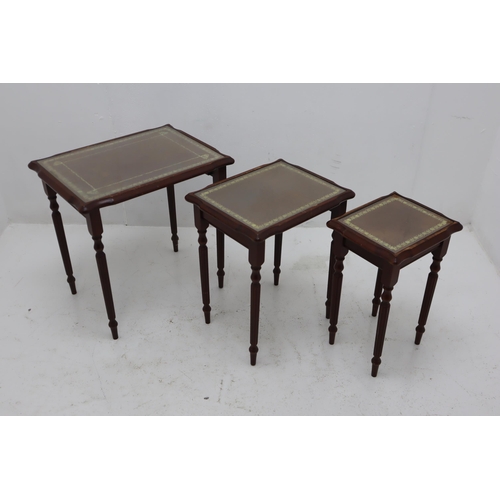 546 - Mid Century Nest of Three Leather Inlaid Glass Topped tables