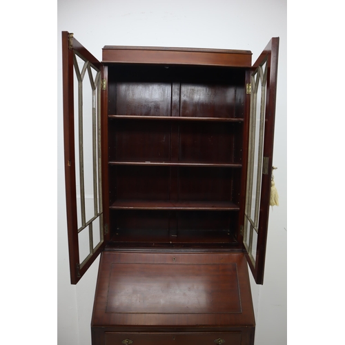 548 - Edwardian 18th Century Highly Polished Mahogany Bureau Bookcase with Key and working sliders Crowned... 