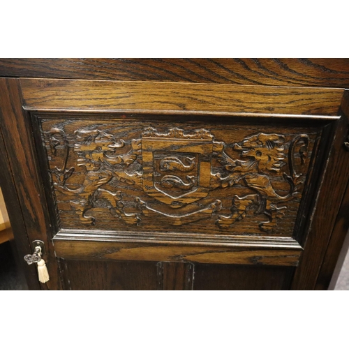 553 - Vintage Oak Corner Display Unit with Hand Carved Lions Motif Decoration and Leaded Glass Viewing and... 