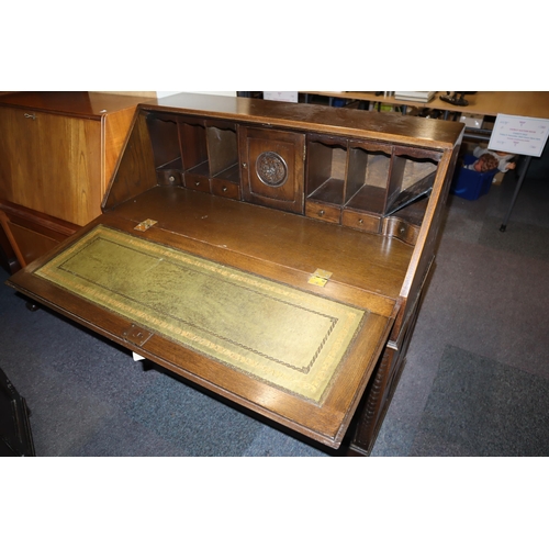 554 - Fine Quality Vintage JC Arts and Crafts Writing Bureau with Hand Carved Coat of Arms and Flower Deco... 