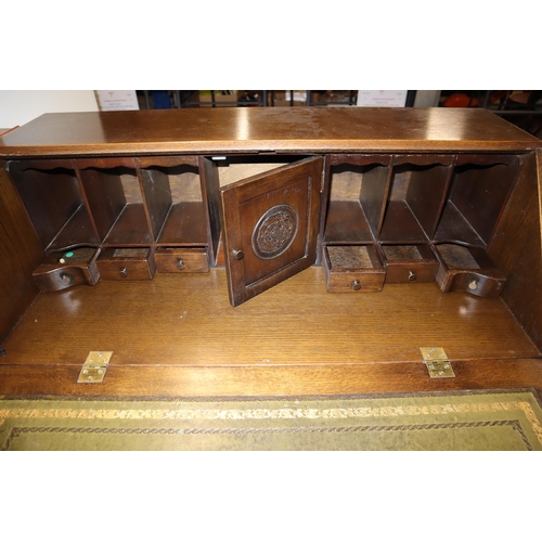 554 - Fine Quality Vintage JC Arts and Crafts Writing Bureau with Hand Carved Coat of Arms and Flower Deco... 