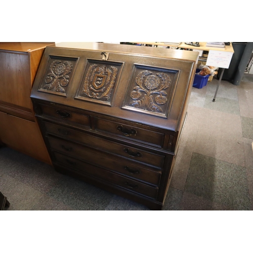 554 - Fine Quality Vintage JC Arts and Crafts Writing Bureau with Hand Carved Coat of Arms and Flower Deco... 