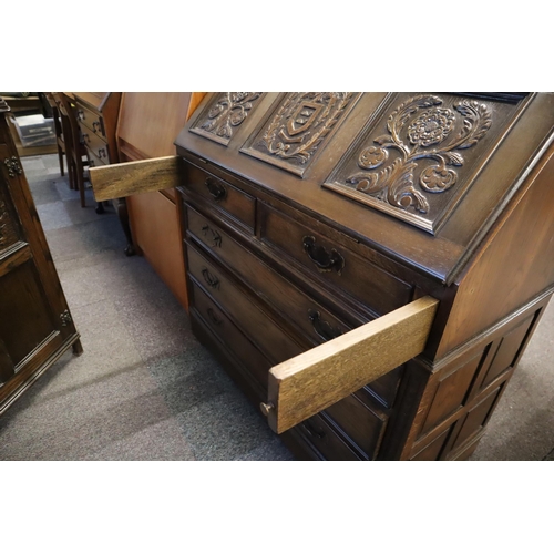 554 - Fine Quality Vintage JC Arts and Crafts Writing Bureau with Hand Carved Coat of Arms and Flower Deco... 