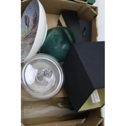 641 - Five Boxes of Assorted Household Items. Includes Glassware, Wedgwood, Lamps and Much More.