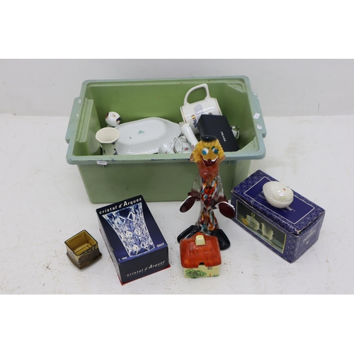 634 - Two Boxes Containing A Selection of Mixed Glassware and Ceramics. Includes Pyrex, Murano Style Clown... 