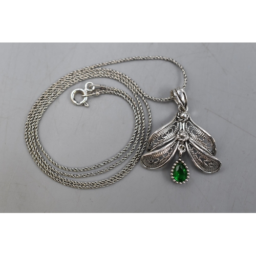 4 - Silver 925 Filigree Green Stoned Pendant Necklace