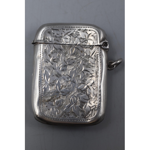 7 - A Hallmarked Birmingham Silver Etched Vesta Case Depicting Stables Scene, Circa 1905.