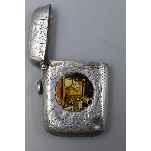 7 - A Hallmarked Birmingham Silver Etched Vesta Case Depicting Stables Scene, Circa 1905.