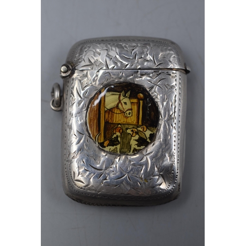 7 - A Hallmarked Birmingham Silver Etched Vesta Case Depicting Stables Scene, Circa 1905.